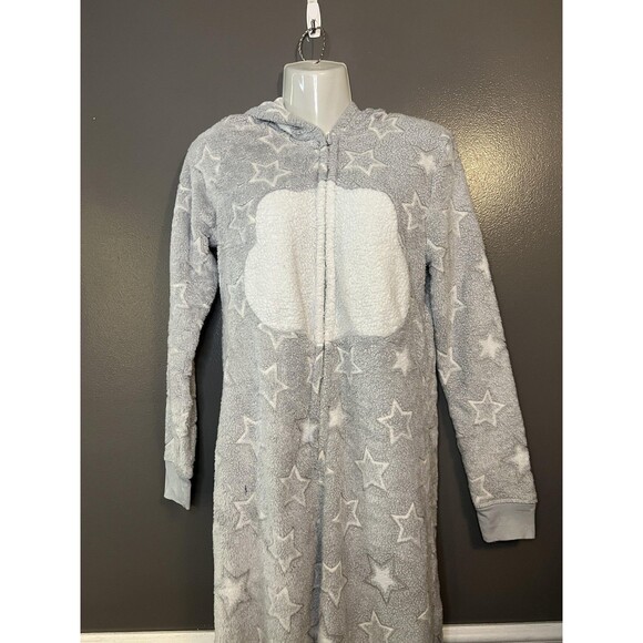 SO Intimates One-piece Pajamas Womens Medium Gray Stars Hooded Zip Sherpa Fleece - Picture 1 of 9
